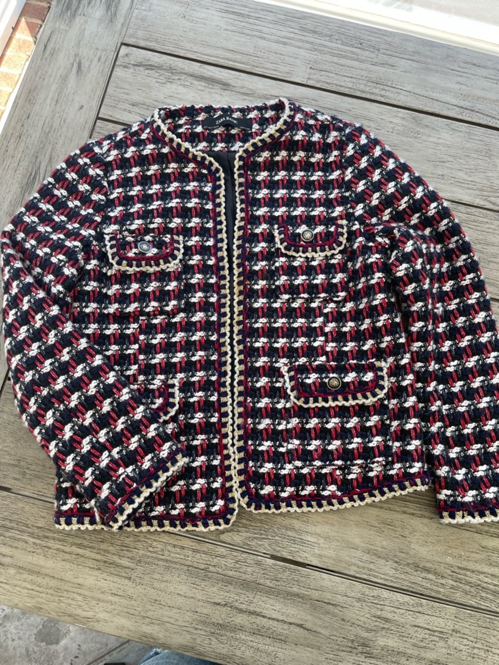 Zara Basics Tweed Boucle Red Blue White Textured Blazer Jacket Womens Small